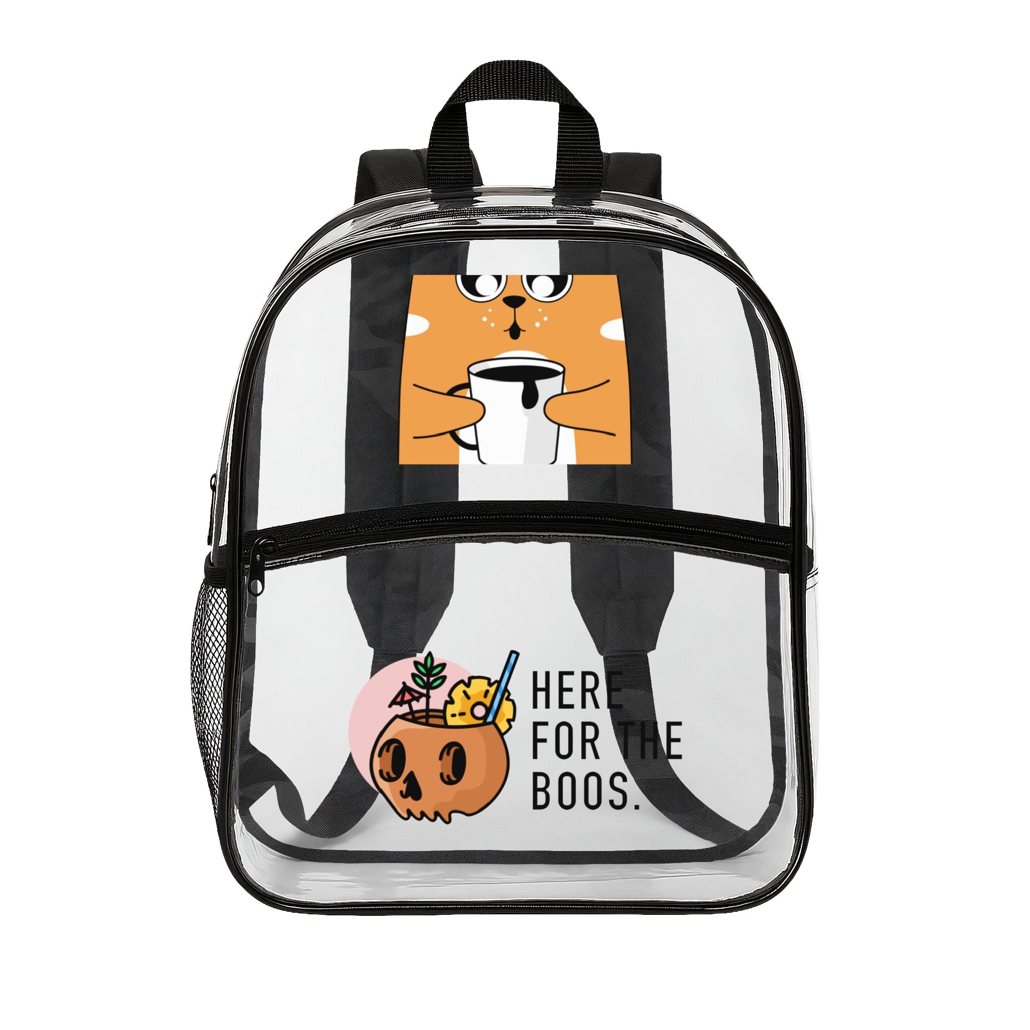 Clear Backpack — Cute Cat with Coffee & 'Here for the Boos' Halloween Design