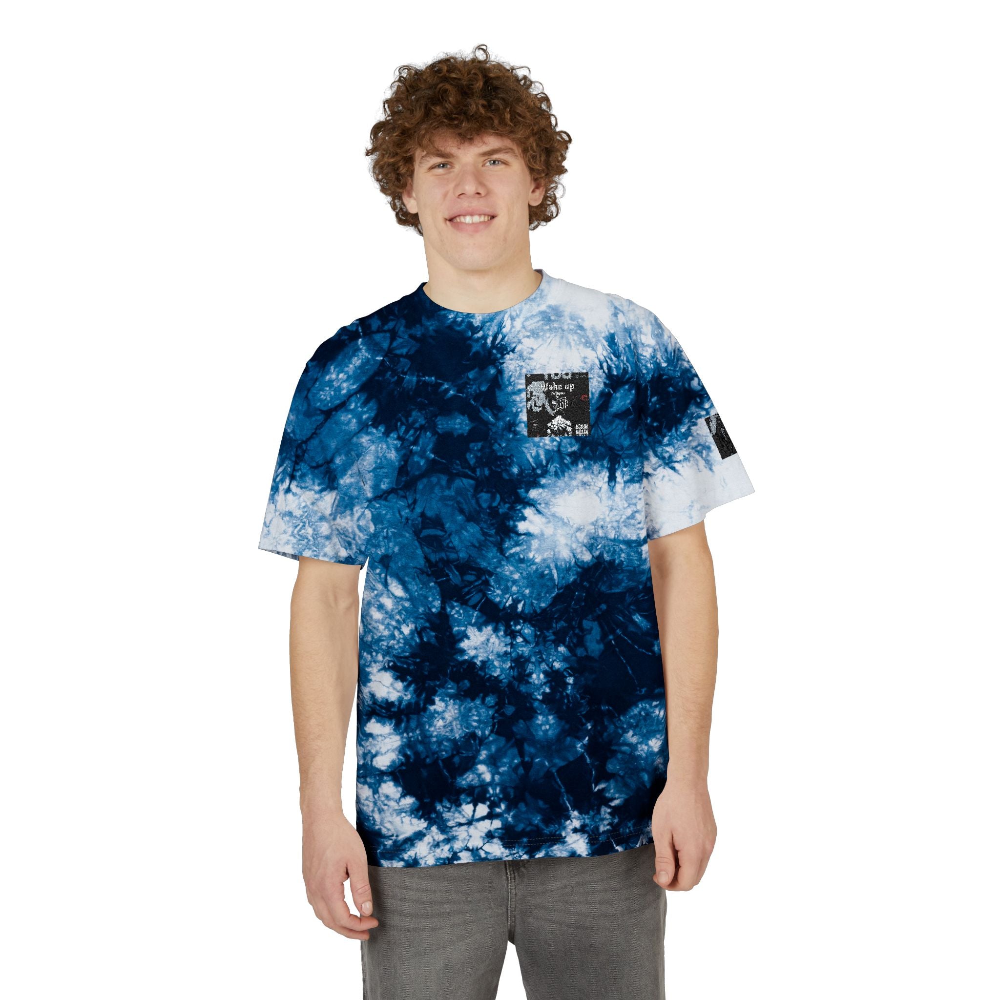 Tie-Dye Oversized T-Shirt — Black & White Embroidered Pocket
