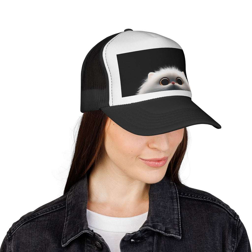 Cute Peekaboo Cat Trucker Cap — Adorable White Fluffy Kitten Snapback Hat