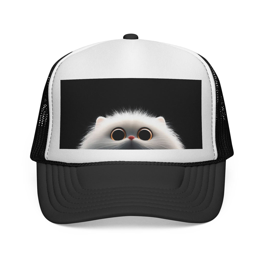 Cute Peekaboo Cat Trucker Cap — Adorable White Fluffy Kitten Snapback Hat