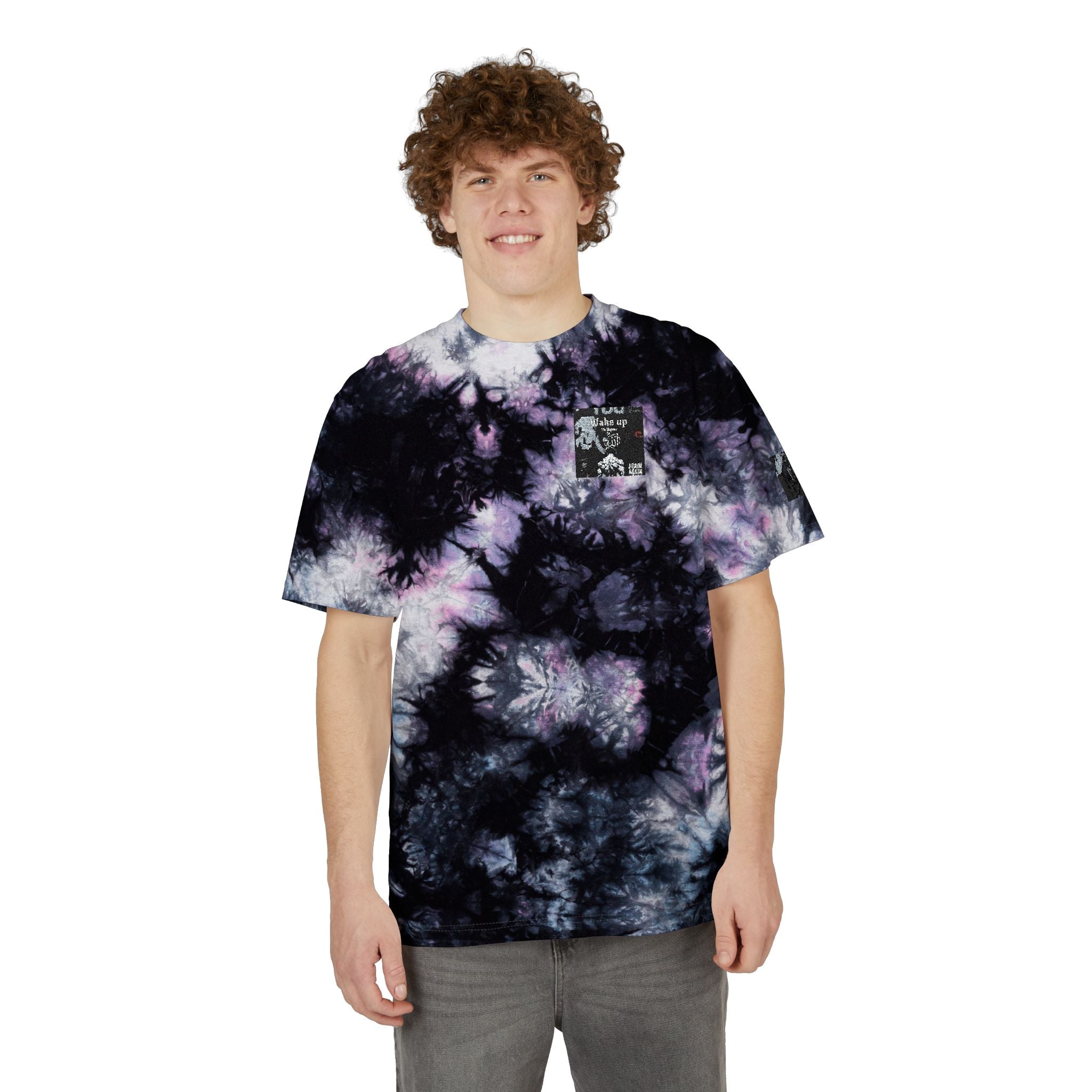 Tie-Dye Oversized T-Shirt — Black & White Embroidered Pocket