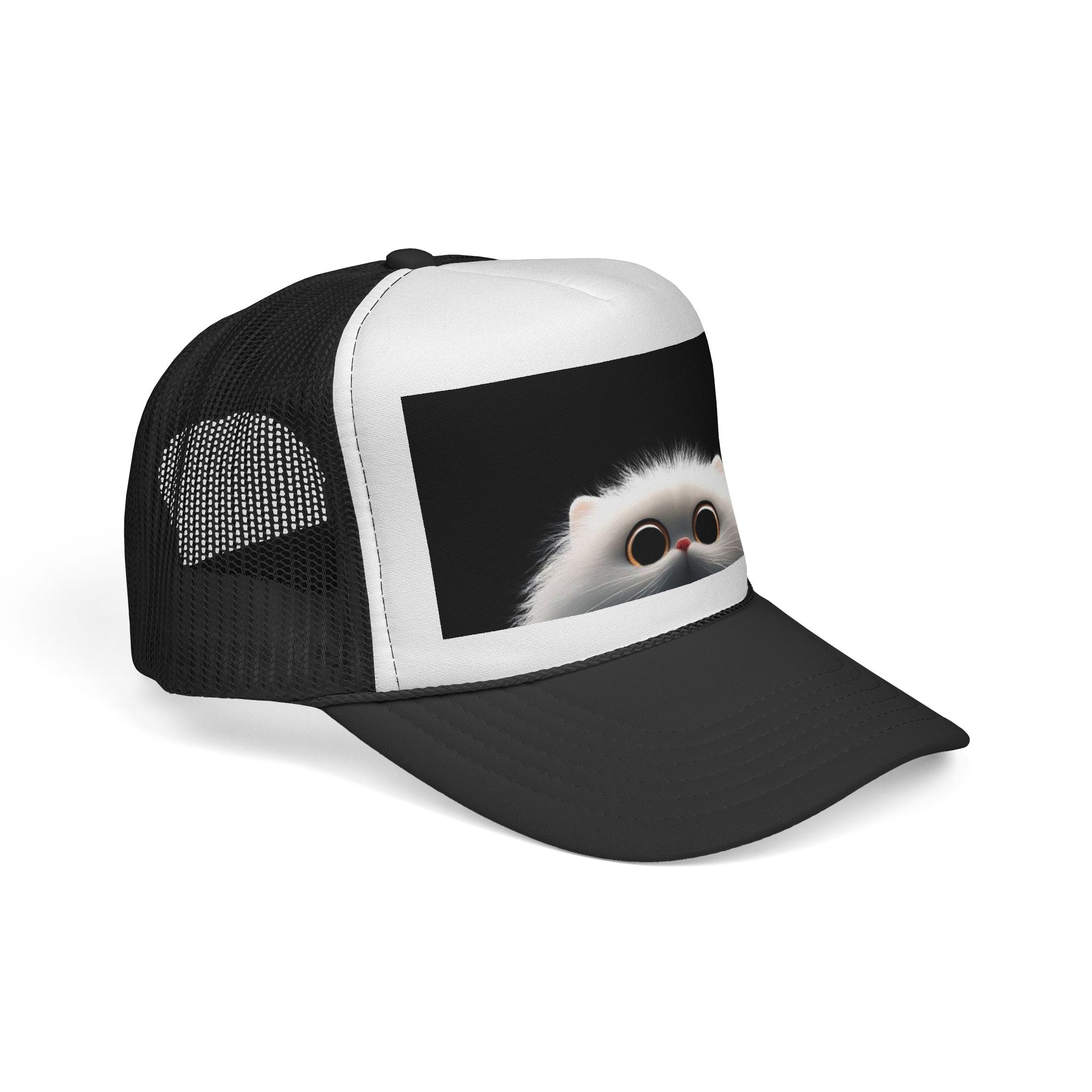Cute Peekaboo Cat Trucker Cap — Adorable White Fluffy Kitten Snapback Hat